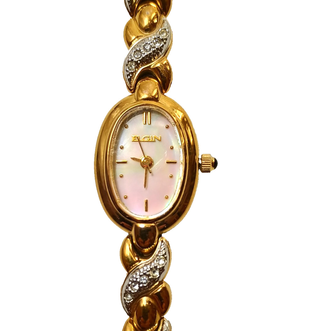 Elgin Watch Womens 19mm Gold Tone Bracelet Crystal Accents MOP